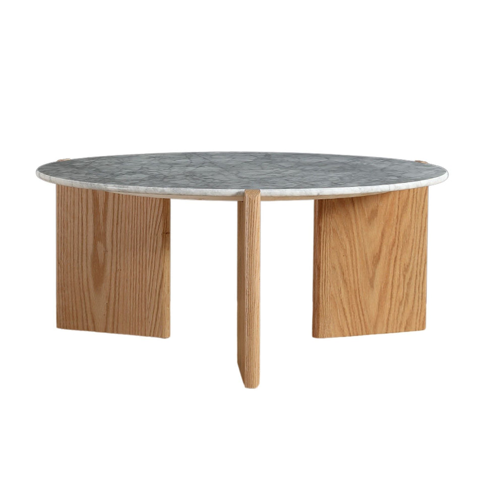 Table basse D80 cm marbre blanc placage chêne